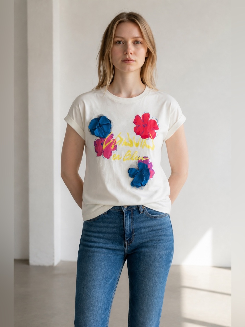 Lanvin White Short Sleeve Tee with Blue, Pink & Yellow Floral Accents